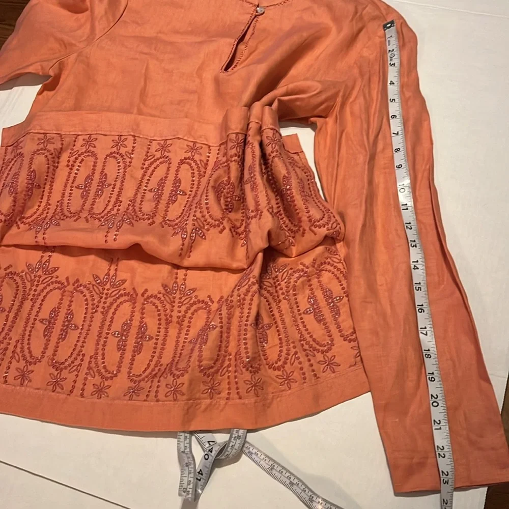 Neiman Marcus-S-Elegant Coral Skirt & long sleeve keyhole 100% linen tunic top.